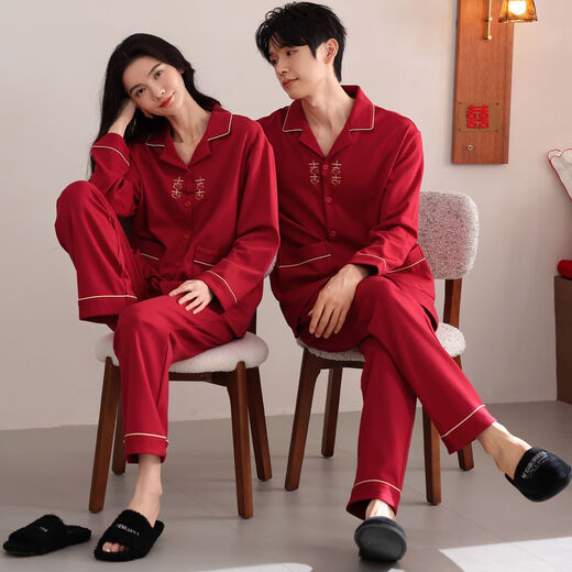 LangSha Couple Pajamas Men and Women Pure Cotton Long Sleeve Wedding New Year's Year Red Festive New 2025 Spring and Autumn Home Clothing Forever XL Women's Style