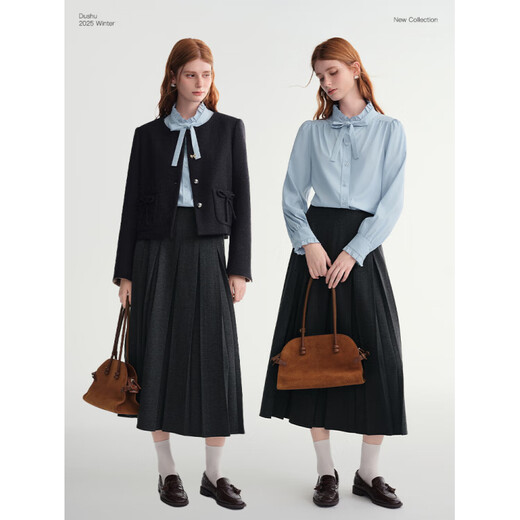 DUSHU large size women's puff sleeve shirt 2025 autumn and winter new fungus lace collar top temperament lace-up shirt water mist blue (shirt) one size 1