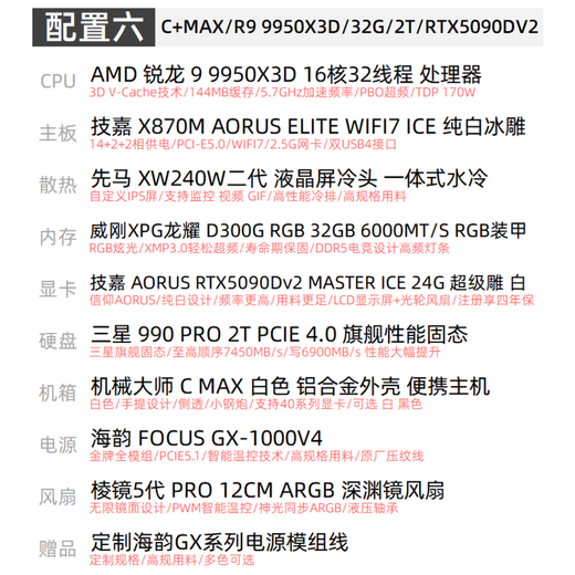 Gigabyte RTX5090D/5080 Mechanical Master C+MAX white mini water-cooled game console DIY assembly computer design portable small steel gun desktop machine six 9950X3D/32G/2T/5090DV2