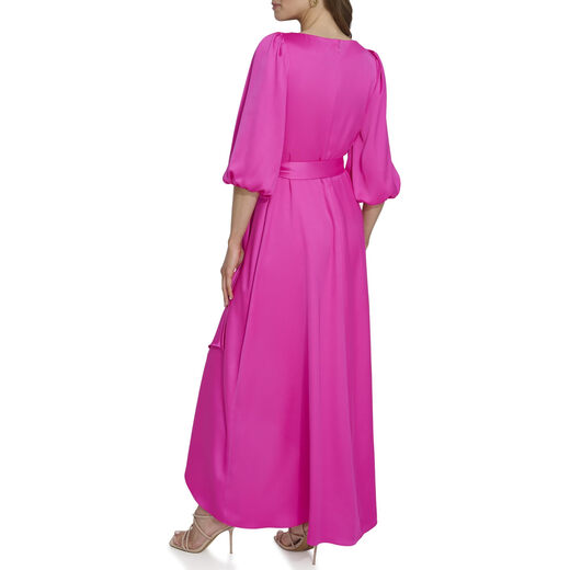 DKNY Women's Balloon Sleeve Satin Faux Wrap Maxi Dress, Pink, 14