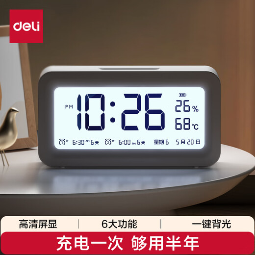 Deli Children's Day Rechargeable Electronic Alarm Clock Backlight Home Student Children's Thermometer and Humidity Bedside Clock Essential for Starting School White LE103A Essential New Year Gift for Starting School