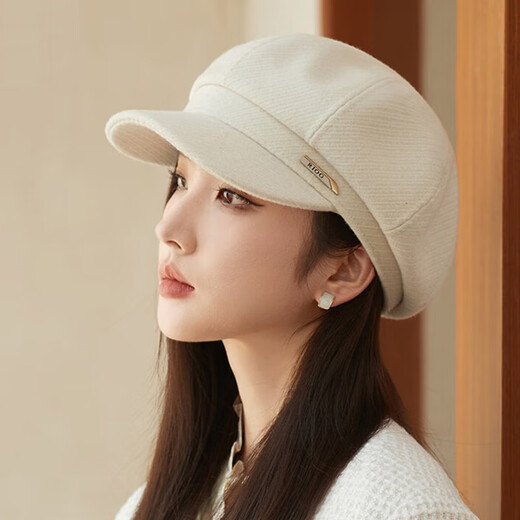 Jimmy Leaf Hat Women's Autumn and Winter New Style Elegant Thickened Woolen Octagonal Hat Korean Style Light Luxury Simple Beret Black One Size M (56-58cm)