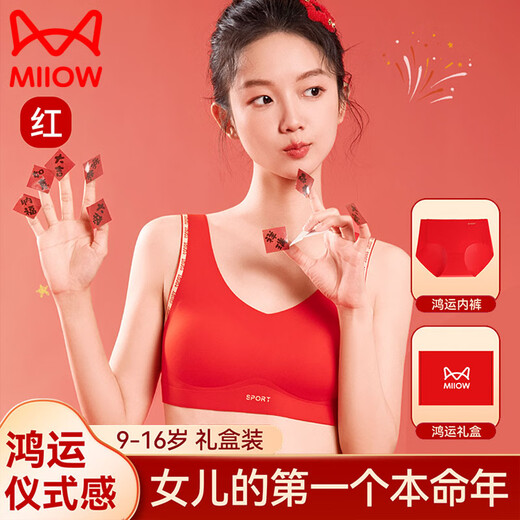 Cat Man's Year of the Pig Underwear Set for Female Students Junior High School and High School Girls Developmental Vest Girls Bra Big Red Panties Wide Shoulder Straps-Chinese Red Suit 160 (L) Recommended weight 80-95Jin Jin is equal to 0.5 kg