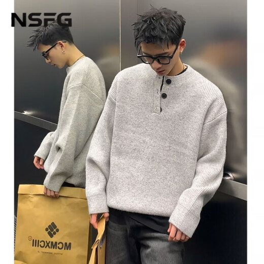 NSFG American Henry Neck Sweater Men's Winter Lazy Style Bottoming Sweater Casual Jacket Uniform Tops for Men and Women Light Gray L (100-115Jin Jin is equal to 0.5kg)