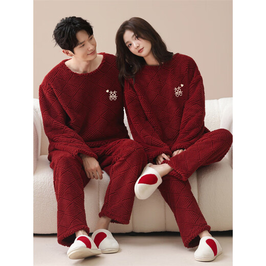 Yalu Coral Velvet Burgundy Pajamas Wedding Newlywed Couple Suit One Man and One Woman Festive Wedding Birth Year Home Clothing CY9705# M Women's Style