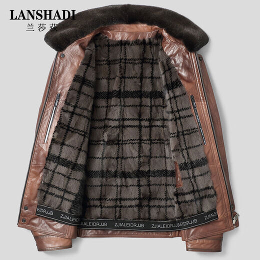 Lanshadi genuine leather jacket for men with first layer goatskin lapel Haining business men's short mink liner leather jacket brown L L