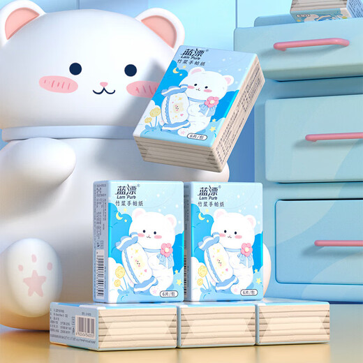 Cute pet series blue bleached handkerchief paper 4 layers thickened wettable water small pack tissue paper portable napkin 4 layers 6 pieces * 30 pack 4 layers thick