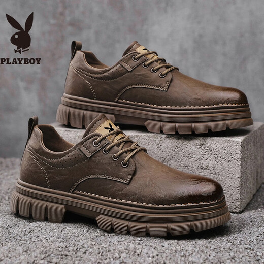 PLAYBOY Leather Shoes Men's 2025 Autumn Business Casual Shoes Soft Sole British Formal Shoes Low-top Work Shoes Brown 42
