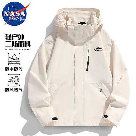NASA MARVEL Jacket Men's Spring and Autumn Hooded Jacket Casual Top Couple Windproof Mountaineering Wear Ivory White L