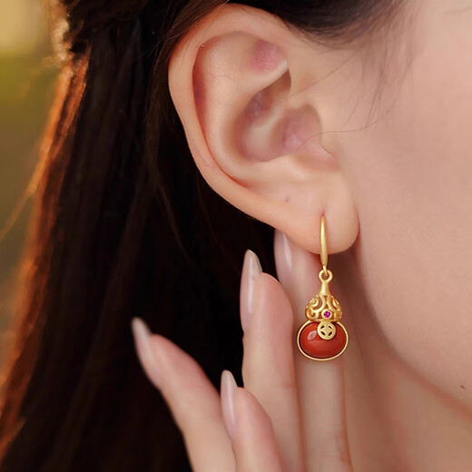 Little Silversmith S925 silver gourd earrings for women agate small gourd copper coin earrings new Chinese style hollow tassel earrings girlfriend gift
