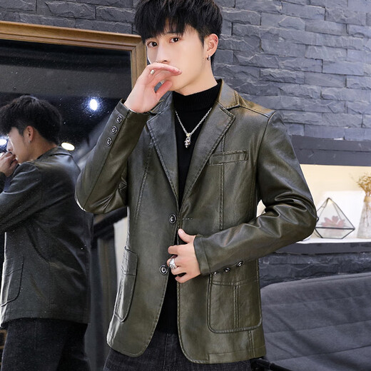 MGOLCPS men's leather jacket autumn and winter velvet thick Korean version trendy handsome suit leather jacket leather jacket motorcycle suit men's black ZW8937 non-velvet M