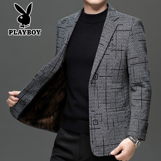 Playboy suit jacket men's autumn and winter velvet thickened woolen chenille high-end men's casual suit jacket gray M 170