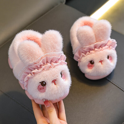 Rabbit Children's Cotton Slippers for Boys Winter Cartoon Cute Non-Slip Indoor Bathing Soft Soled Baby Slippers Pink (Heel Included) 12 Size 32/33 (Shoe Inner Length 19CM Suitable for Foot Length 18