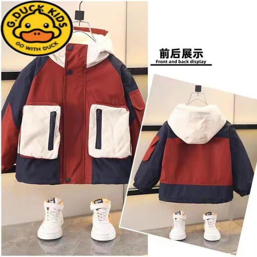 G.DUCKKIDS Boys Korean Style Jacket Plus Velvet Thickened Jacket Spring Autumn Winter 2025 New Trendy Baby Pie Jacket Cotton Jacket Red Spliced Cotton Jacket 130 Recommended height 120 cm