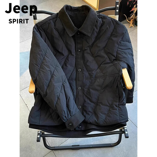 JEEP SPIRIT Diamond Plaid Light Thin Cotton Jacket Men's Winter Shirt Collar Fake Two-Piece Jacket Pian Shuai Army Green Jacket Men Black M 90-115Jin Jin is equal to 0.5 kg