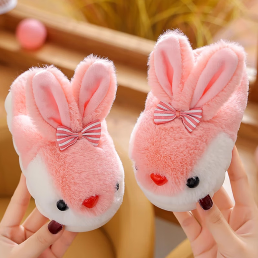 Tianmiaomiao girls' cotton slippers for autumn and winter, cute three-dimensional rabbit plush home shoes for children, thickened warm anti-slip slippers for girls, cute warm cotton slippers for girls, pink rabbit, size 30-31, inner length about 19cm/suitable for 5-7 years old