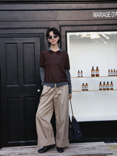 Xiaohongshu popular TT designer Seagull contrasting fake two-piece sheep wool T-shirt for women autumn new long-sleeved p gray M90-120Jin Jin equals 0.5 kg one size