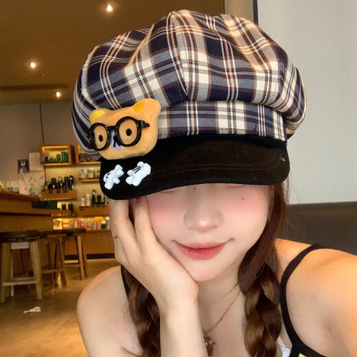 Tuzun Cute Cartoon Glasses Bear Plaid Octagonal Beret Women's Versatile Big Head Circumference Showing Face Little Duck Tongue Painter Hat Plaid Bear One Size