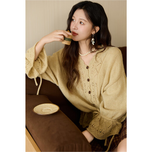 Mystery Show Gentle Handmade Crochet Design Sweater Cardigan 2025 Autumn New Mohair Sweater Manye Yellow S