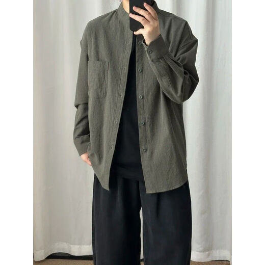 New Chinese style cotton and linen textured long-sleeved shirt for men in autumn Henry collar cardigan shirt drapey retro lazy jacket black upgraded version M
