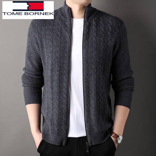 TOME BORNEK Tommy Tommy Wool Sweater Zipper Cardigan Men's Autumn and Winter Korean Style Stand Collar Sweater Jacket Herringbone Jacquard Khaki M
