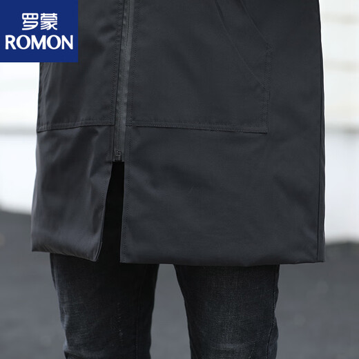 ROMON high-end windbreaker men's mid-length hooded fashionable casual solid color large size jacket men's 2025 spring and autumn new style with cotton outer black (cotton) M