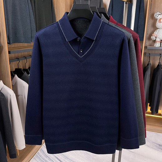 Nasawassup light luxury men's middle-aged and elderly fake two-piece sweatshirt shirt collar plus velvet thickening warm dad sweater base sweater navy blue XL 52