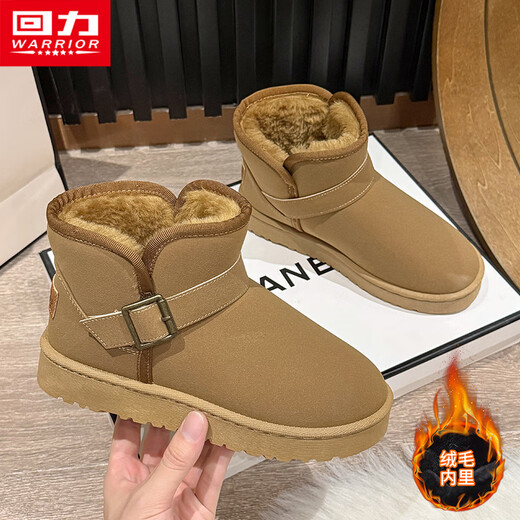 回力雪地靴女2025年冬季一脚蹬女鞋棉鞋女冬学生加绒加厚短筒棉靴子 红棕色 37