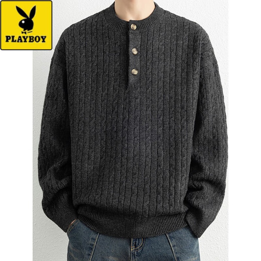 Playboy (PLAYBOY) Henry collar sweater men's autumn and winter American retro cable pattern long-sleeved sweater thickened inner base sweater 6002-cloud yarn gray thickened XL