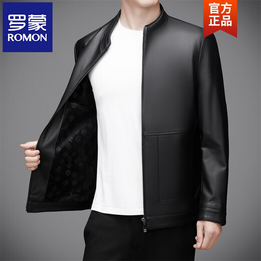 ROMON high-end Haining leather jacket men's suit collar jacket casual jacket men's suit top spring and autumn new style black M 170