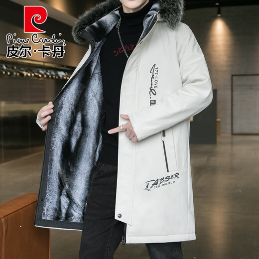 Pierre Cardin parka men's velvet windbreaker jacket winter thickened warm mid-length coat trendy student cotton coat cotton jacket 917 military green XL