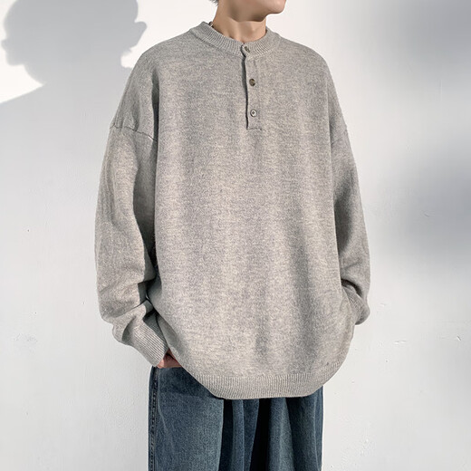 Dingfengbaoluo solid color casual sweater men's autumn retro comfortable versatile pullover sweater JUC09 light gray 4XL