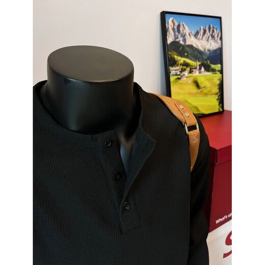 PUGESI Henry collar waffle long-sleeved t-shirt for men in spring and autumn American style shoulder polo sweatshirt heavy black inner layering shirt black regular M 80-100Jin Jin is equal to 0.5 kg