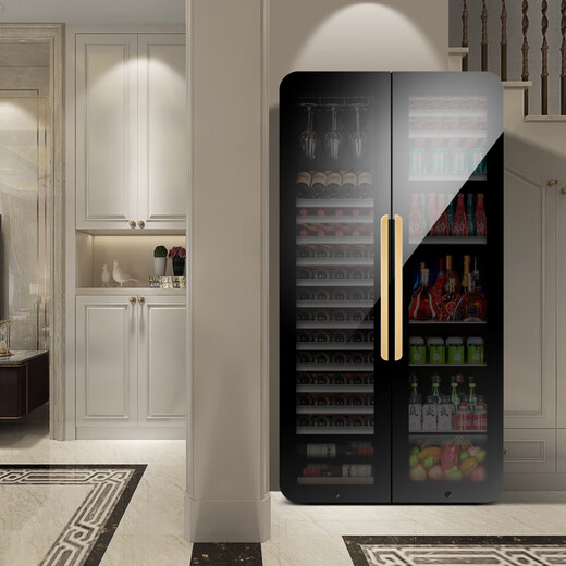 PULADI Arc Intelligent Frequency Conversion Double Door Double Temperature Red Wine Cabinet Constant Temperature Home Living Room Refrigerator Office Tea Retro Villa President Embedded Commercial Display Fresh Cabinet WIFI Retro Integrated Double Door Color Matching Wine Cabinet + Wine Cabinet 490L