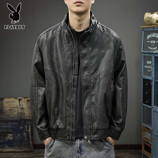 Playboy autumn and winter 2025 new handsome PU leather jacket men's autumn stand-up collar loose American top pilot leather jacket black gray L suitable weight 130-145Jin Jin equals 0.5 kg