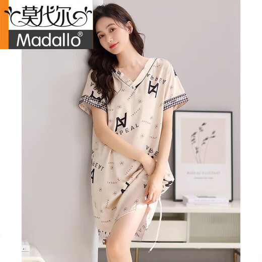 莫代尔睡裙女士夏季冰丝短袖睡衣裙薄款夏天2025新款仿真丝绸夏款连衣裙 9926奶茶杏 M