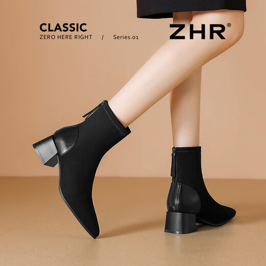 ZHR short boots women's retro thin women's boots winter plus velvet thick high heel suede ankle boots pointed toe elastic boots BL652A black 38
