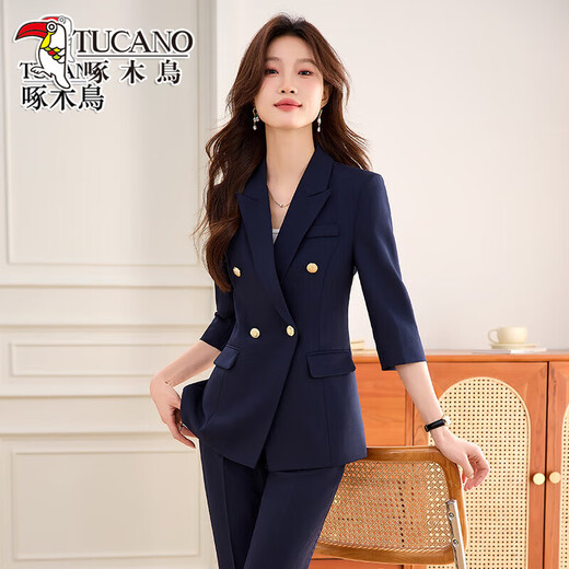 Woodpecker Summer Business Suit Suit Women's Thin Interview Formal High-end Mid-Sleeve Suit Jacket Temperament Work Wear Black Suit + Black Formal Pants L