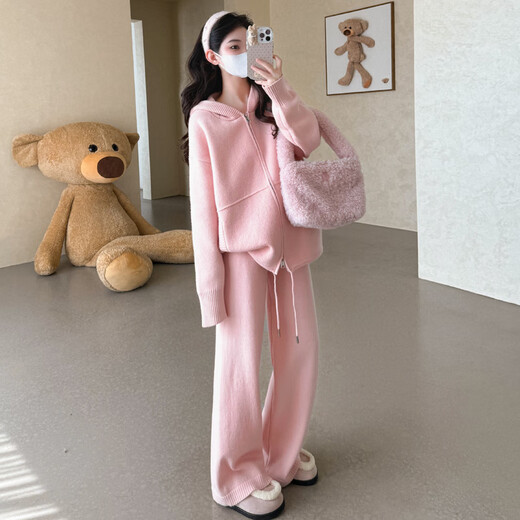 Ranqi Mommy Maternity Suit for Autumn and Winter Going Out Winter Vest Top Two-piece Jacket Cotton Clothes Pregnant Mom High-end Autumn Outfit White Vest + Khaki Sweater Wide-Leg Pants (Three-piece Set) M