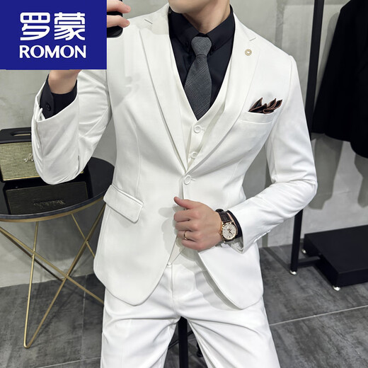 ROMON men's business casual suit formal fit groom wedding dress white three-piece suit for men one button white suit jacket with tie XS 160 weight 90-Jin Jin equals 0.5 kg
