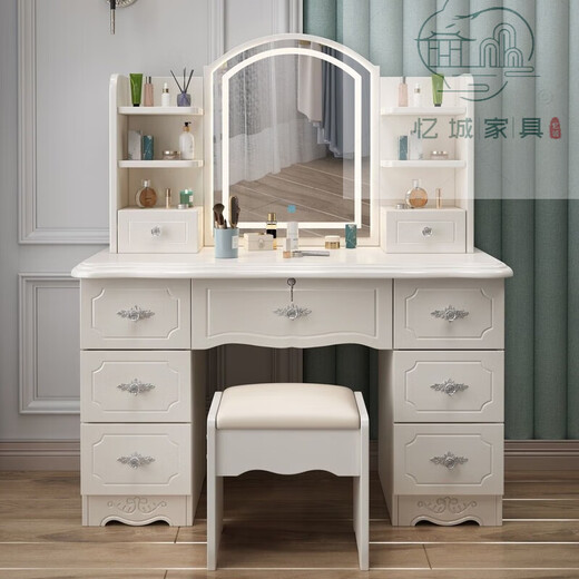 Painted European style bedroom dresser 2025 new lockable modern simple dresser storage cabinet make-up table 1.2m double cabinet + light + metal slide + stool