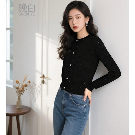 Late white off-size clearance 2025 autumn and winter fashionable casual sweater solid color slimming sequined sweater for women black S