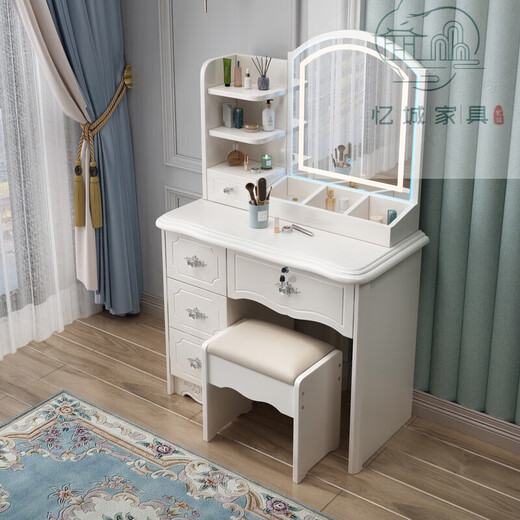 Painted European style bedroom dresser 2025 new lockable modern simple dresser storage cabinet make-up table 1.2m double cabinet + light + metal slide + stool