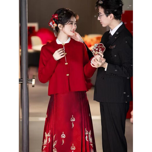 Hengyuanxiang Red Coat Toast Wear New Chinese Style Top Autumn and Winter Small Bride Wedding Double-sided Wool Coat Engagement Top L Large Size