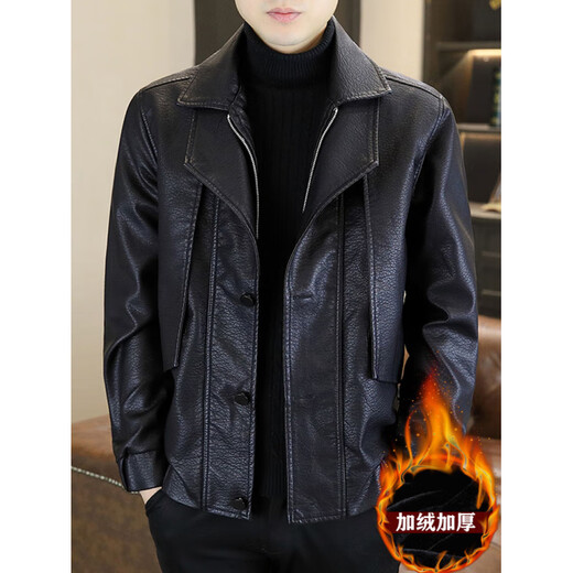 芒芒冬季蜡染皮衣男加绒加厚潮牌休闲PU皮夹克男士假两件机车服外套 咖啡色 加绒 4XL 170-190斤左右