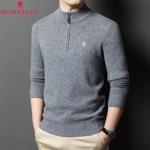 MONTAGUT Pure Cashmere Sweater Men's Autumn and Winter Zipper Half-Tall Collar Thickened Dad's Wool Sweater Middle-aged Men's Light Gray 4XL 190 Recommended 190-210 Jin Jin equals 0.5 kg to wear