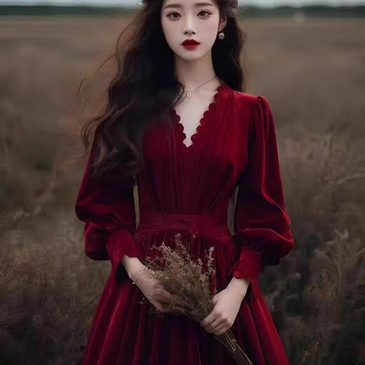 Xinyoujie 2025 velvet long-sleeved French high-end dress female bride wedding toast dress 2026 burgundy S