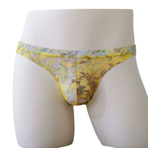 New practical men's thong men's sexy lace mesh underwear low waist seamless breathable printing ultra-thin personality yellow M