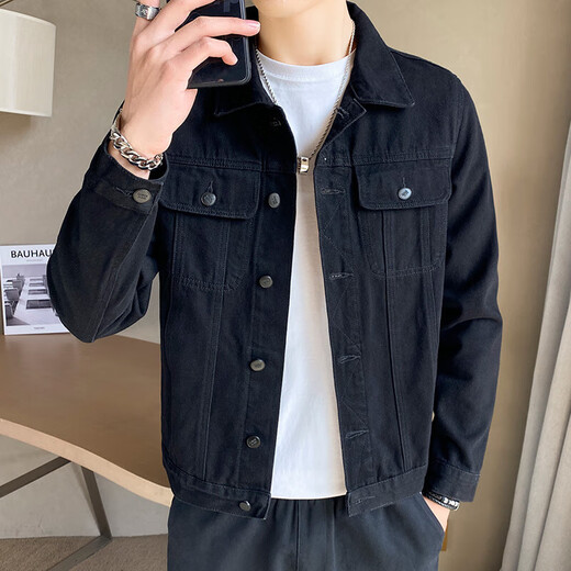 ROYAL PALM POLO SPORTS CLUB Spring and Autumn Black Denim Jacket Men's Casual Fashion Korean Style Men's Jacket Jacket Men's Lapel Retro Trend Black-940 Styles XL