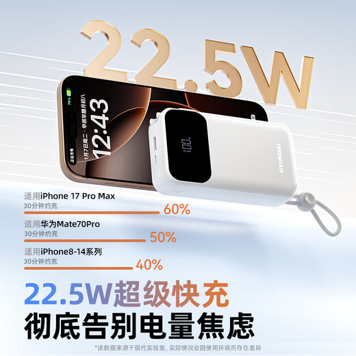 HYUNDAI Korea's modern three-in-one power bank with plug 20000 mAh 3C certified can be brought on board the plane Ultra-large capacity super fast charging mobile power supply with own cable Small and portable Elegant white 20000mAh Dual-wire fast charging + AC plug